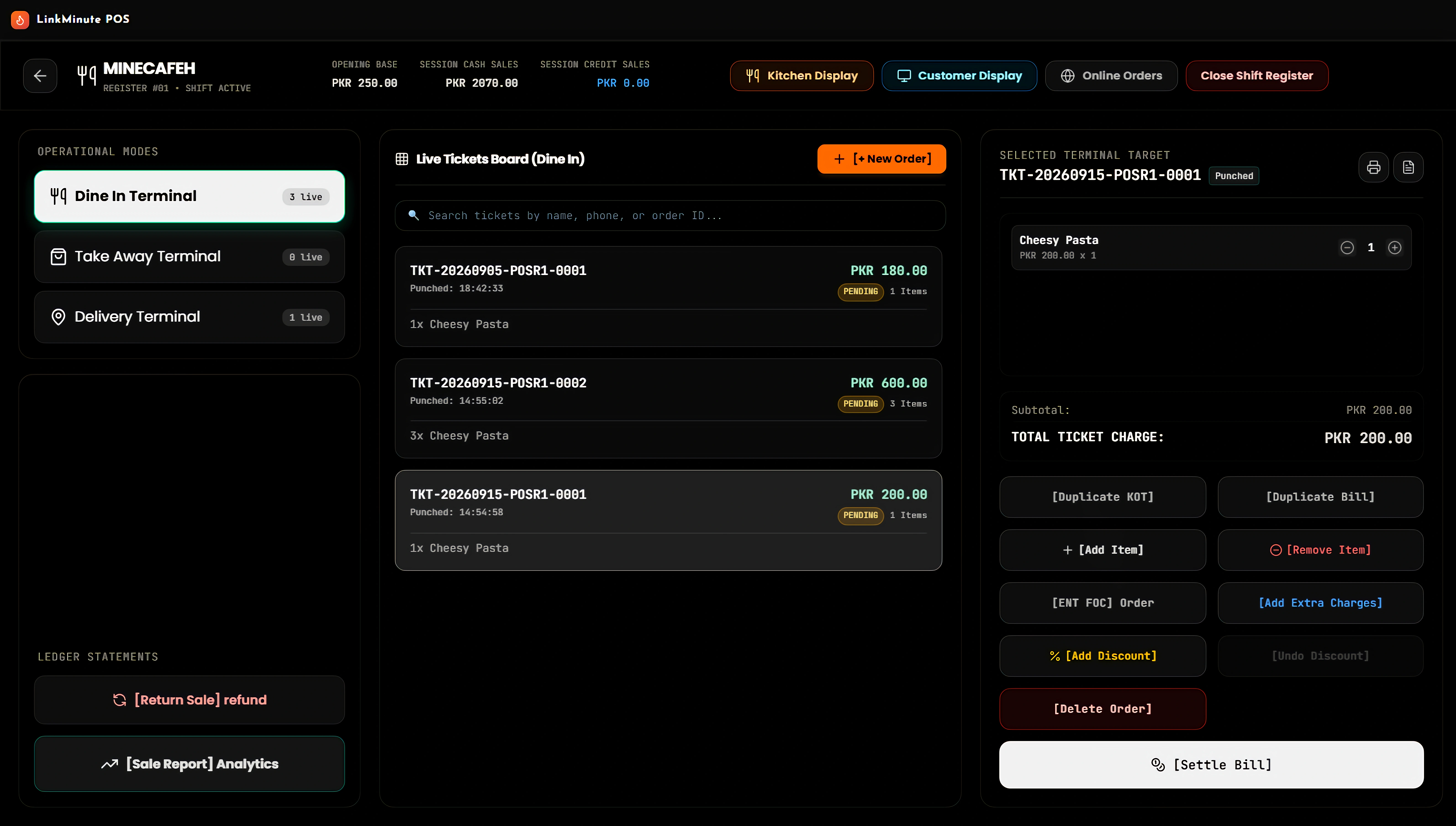LinkMinute POS — live order management interface showing Dine In terminal with active tickets, item editing, and kitchen display controls